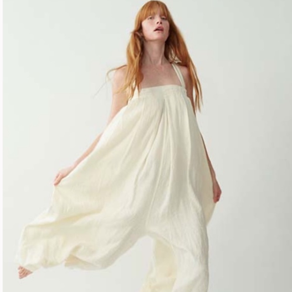 Nwot black crane cream wide leg jumpsuit womens sz.S 100% linen made in USA
